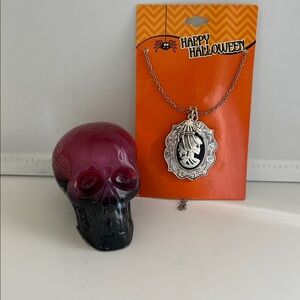 Silver Halloween Pendant Necklace with Purple and Black Skull